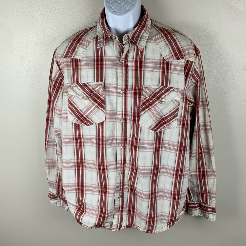 Red Camel Shirt Mens Large Multicolor Plaid Pearl Snap Western Flap Pockets